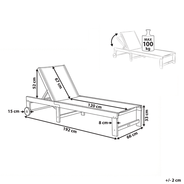 Technische Zeichnung einer Gartenliege mit Maßen und maximaler Belastbarkeit von 100 Kilogramm