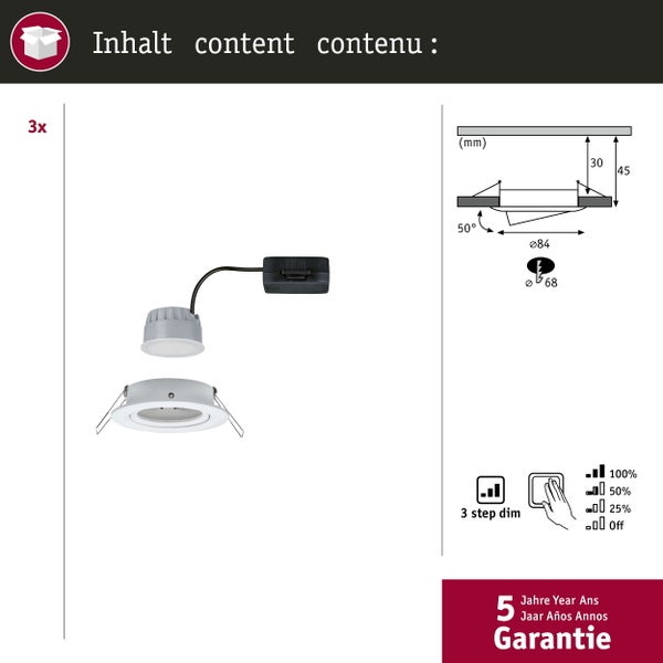 LED Einbauleuchte 3-Step-Dim Nova Coin 3-Step-Dim Basisset schwenkbar rund 84mm 50° Coin 3x6W 3x470lm 230V dimmbar 2700K Weiß matt