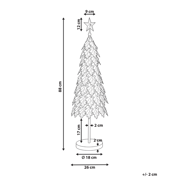 Maßzeichnung eines dekorativen Weihnachtsbaums mit Sternspitze, 88 Zentimeter Gesamthöhe, inklusive Bemaßungsangaben.