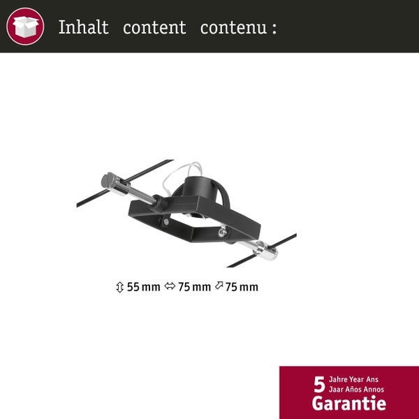 Strahlerkomponente für Seilsystem, quadratischer Rahmen, Abmessungen 55 mal 75 mal 75 Millimeter, 5 Jahre Garantie.