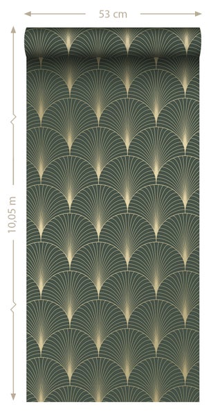 ESTAhome Tapete Art Decó Muster Dunkelgrün und Gold - 53 cm x 10.05 m - 139584