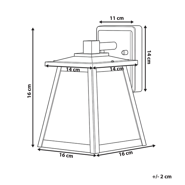 Technische Zeichnung einer Außenwandleuchte mit Maßangaben: Höhe 16 Zentimeter, Breite 16 Zentimeter, Wandhalterung 14 Zentimeter, plus minus 2 Zentimeter.