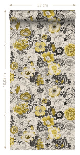 ESTAhome Tapete Blumen Ockergelb und Beige - 53 cm x 10.05 m - 138506