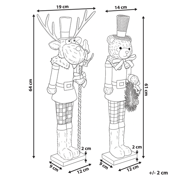 Zwei weihnachtliche Dekofiguren als Rentier und Bär im Nussknacker Design mit Zylinder und karierten Hosen