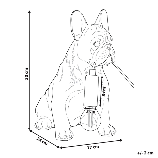 Technische Zeichnung der Tischleuchte Französische Bulldogge mit Maßen: Höhe 30 Zentimeter, Breite 17 Zentimeter, Tiefe 24 Zentimeter.