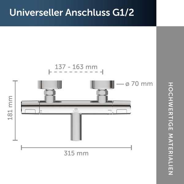Technische Zeichnung der Thermostat Badewannenarmatur mit Maßen und Ideal Standard Logo