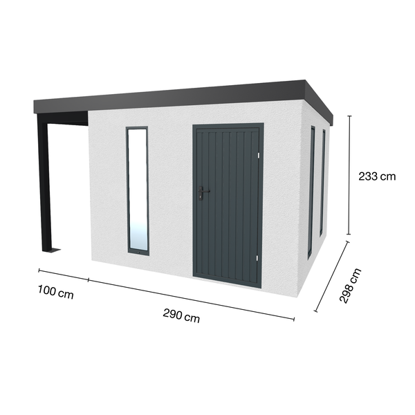 Abbildung eines Gartenhauses mit Vordach und den Maßen 290 cm x 298 cm x 233 cm