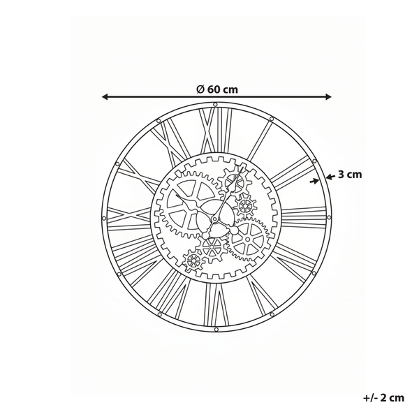 Technische Zeichnung einer Wanduhr mit einem Durchmesser von 60 cm und römischen Ziffern