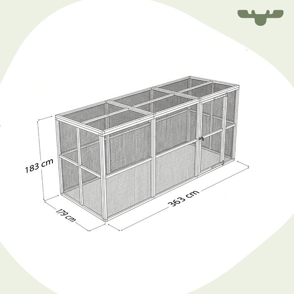 Abbildung eines Freilaufgeheges mit den Maßen 183 x 179 x 363 cm