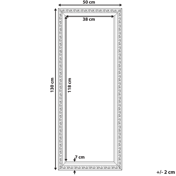 Abmessungen eines Spiegels mit Rahmen, 50 mal 130 Zentimeter