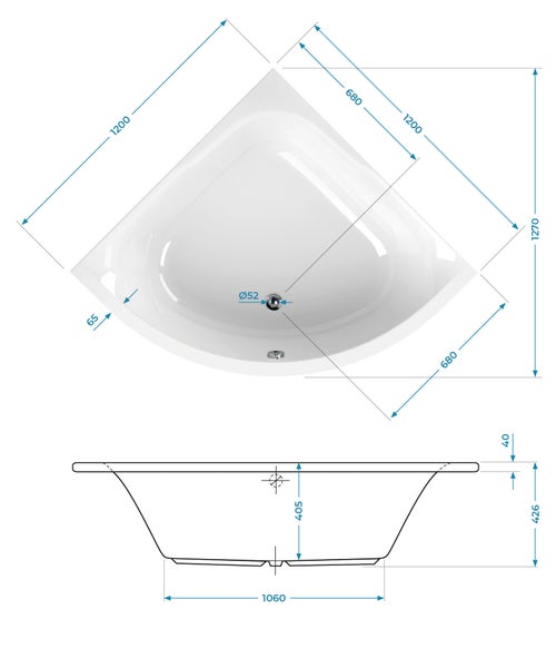 Technische Zeichnung einer Eckbadewanne mit detaillierten Maßangaben in der Draufsicht und Seitenansicht.