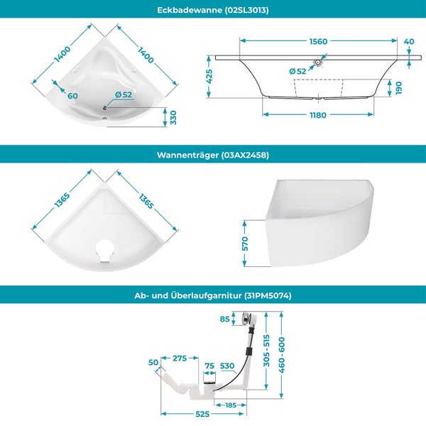 Technische Zeichnung mit Maßen für Eckbadewanne, Wannenträger sowie Ab- und Überlaufgarnitur.