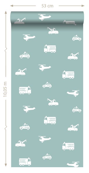ESTAhome Tapete Autos, Löschfahrzeuge, Hubschrauber und Kräne Graublau - 53 cm x 10.05 m - 128864