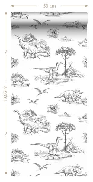 ESTAhome Tapete Dinosaurier Schwarz-Weiß - 53 cm x 10.05 m - 139269