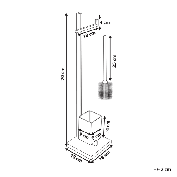 Abmessungen der freistehenden Toilettengarnitur mit Papierhalter: Höhe 70 Zentimeter, Standfuß 18 mal 18 Zentimeter.