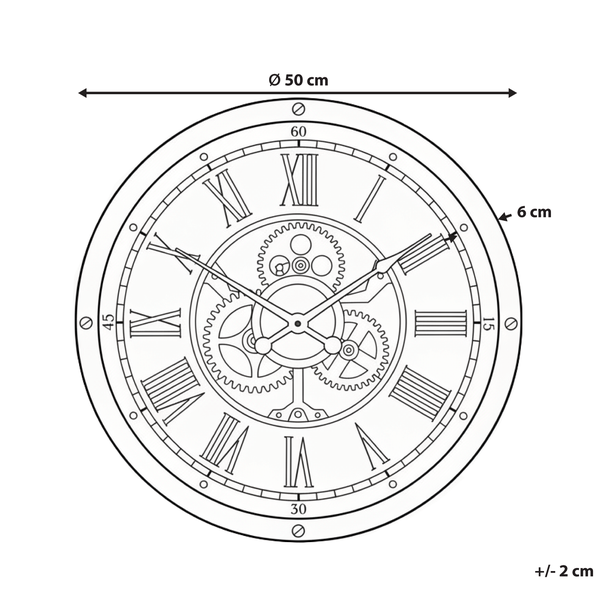 Abbildung einer Wanduhr mit römischen Ziffern und einem Durchmesser von 50 Zentimetern.