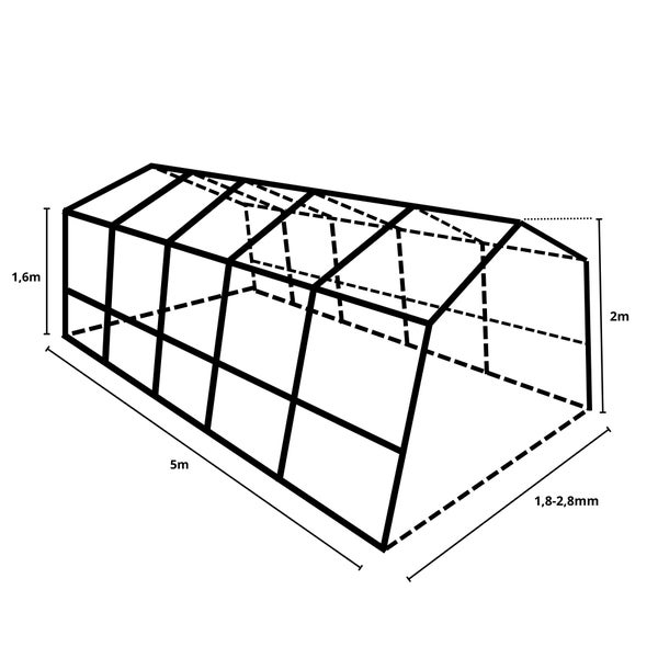 Abbildung eines Gewächshausrahmens mit den Maßen 1,6 m Höhe, 5 m Länge und 1,8 bis 2,8 mm Breite.