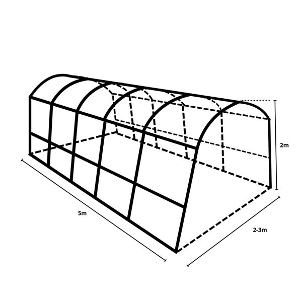 Illustration eines Gewächshaustunnels mit den Maßen 5 Meter Länge, 2 Meter Höhe und 2 bis 3 Meter Breite