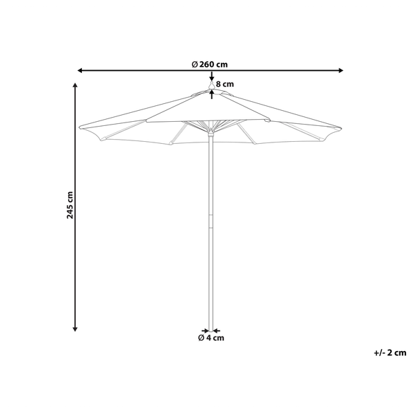 Skizze Sonnenschirm mit Maßen: Durchmesser 260 Zentimeter, Höhe 245 Zentimeter, Mast 4 Zentimeter, Spitze 8 Zentimeter. Toleranz plus minus 2 Zentimeter.