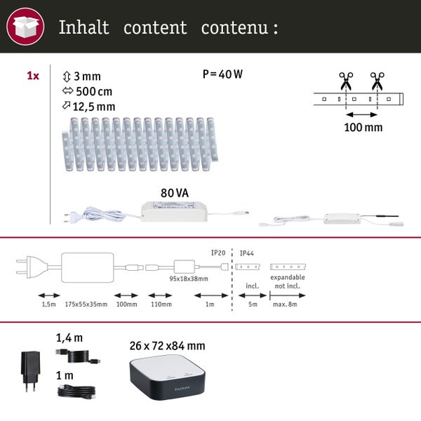Abbildung der Packungsinhalte einer LED Leiste mit technischen Informationen