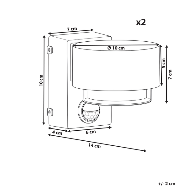 Maßzeichnung einer Außenwandleuchte mit Bewegungsmelder im 2er-Set: Höhe 10 cm, Durchmesser 10 cm, Tiefe 14 cm.