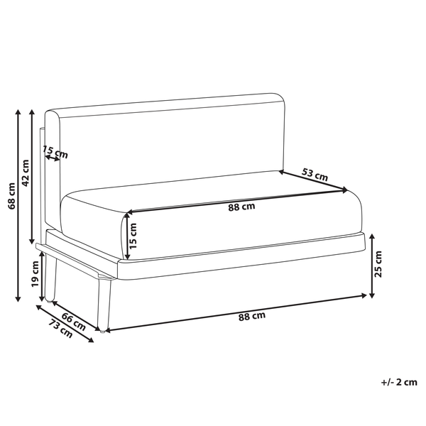 Maßzeichnung eines Loungesessels mit Abmessungen in Zentimeter: Breite 88, Höhe 68 und Tiefe 73.