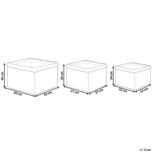 Illustration von drei Aufbewahrungsboxen in verschiedenen Größen mit Maßangaben