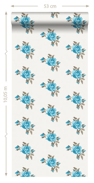 ESTAhome Tapete gestickte Rosen Türkis - 53 cm x 10.05 m - 138146