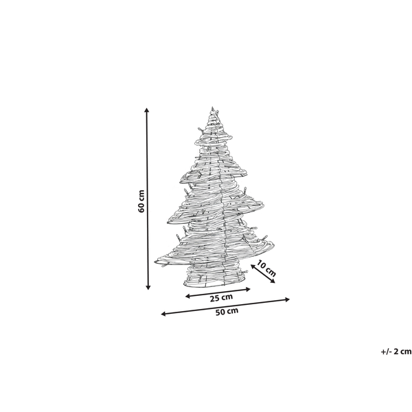 Dekorativer Weihnachtsbaum mit den Maßen 60 cm Höhe, 50 cm Breite und 10 cm Tiefe.