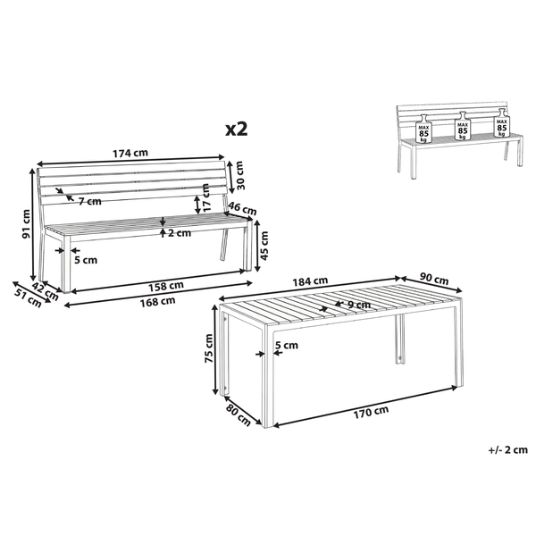 Technische Zeichnung einer Gartenbank und eines Gartentisches mit Maßangaben und maximaler Belastbarkeit der Bank