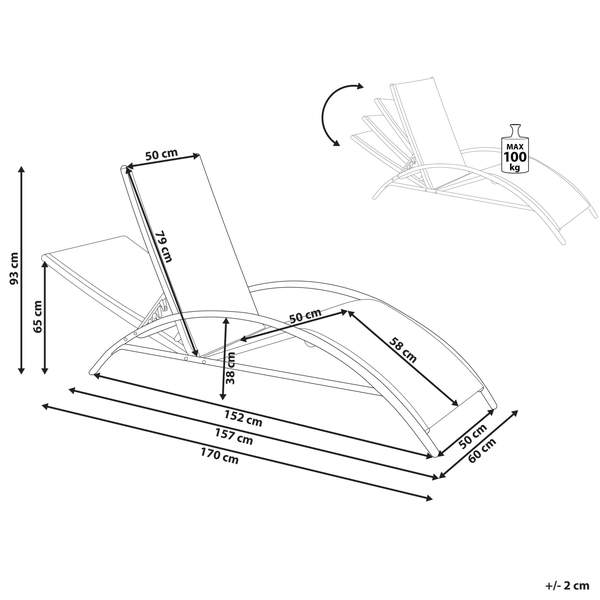 Technische Zeichnung Sonnenliege: Länge 170 Zentimeter, Breite 60 Zentimeter, Höhe bis 93 Zentimeter, Belastung 100 Kilogramm.