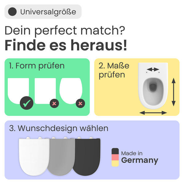 Anleitung zur Auswahl eines WC-Sitzes in Universalgröße mit Formprüfung, Maßprüfung und Designauswahl sowie dem Made in Germany Siegel