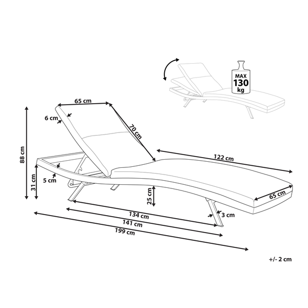 Technische Zeichnung einer Gartenliege mit Maßangaben und maximaler Belastbarkeit
