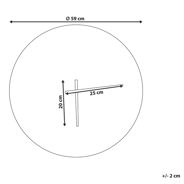 Größenangaben einer Uhr: Durchmesser 59 Zentimeter, Zeigerlänge 25 Zentimeter, kleiner Zeiger 20 Zentimeter