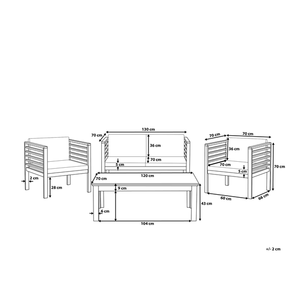 Zeichnung einer Gartenmöbelgruppe mit Sofa, Tisch und Sesseln mit Maßangaben