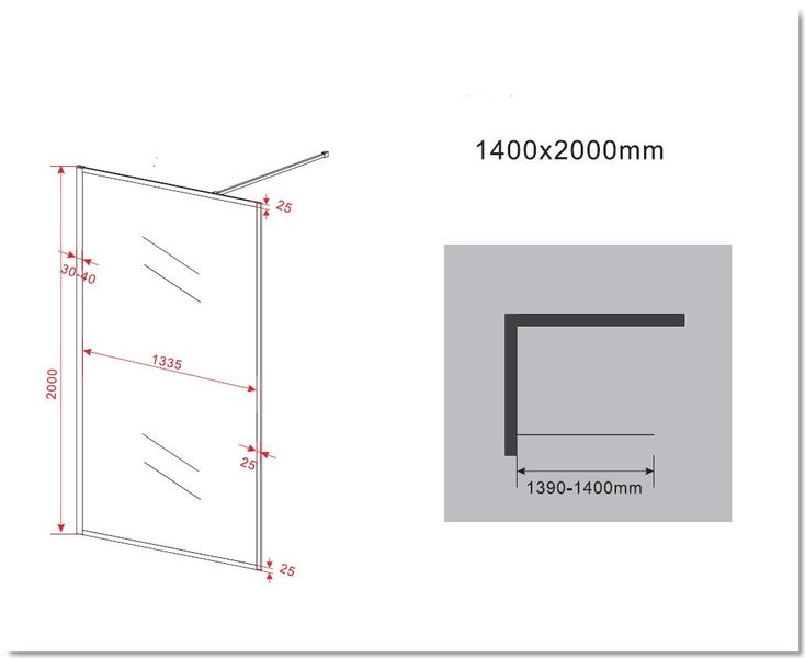 Technische Zeichnung einer Duschwand mit Maßangaben.