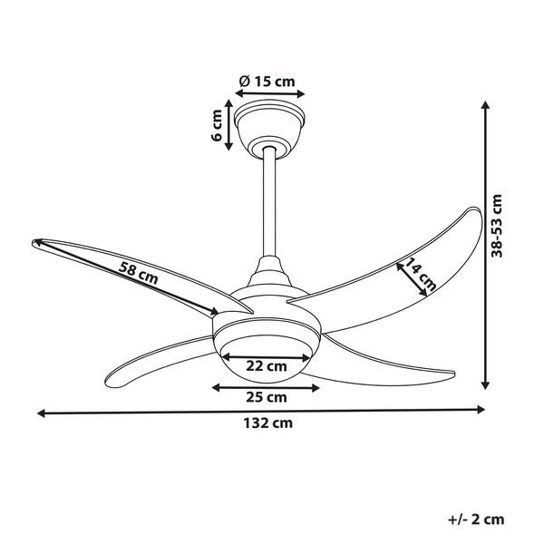 Technische Zeichnung eines Deckenventilators mit Maßangaben in Zentimetern zur Veranschaulichung der Produktabmessungen.