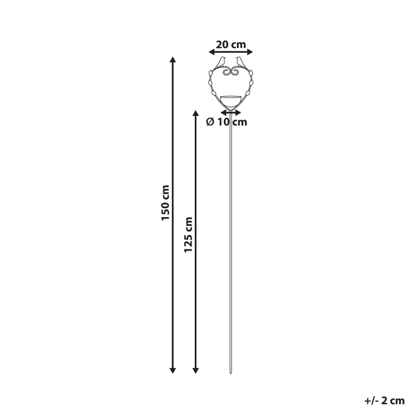 Abmessungen einer Vogeltränke mit Stab, Höhe 150 cm, Durchmesser der Schale 10 cm, Breite des Dekors 20 cm