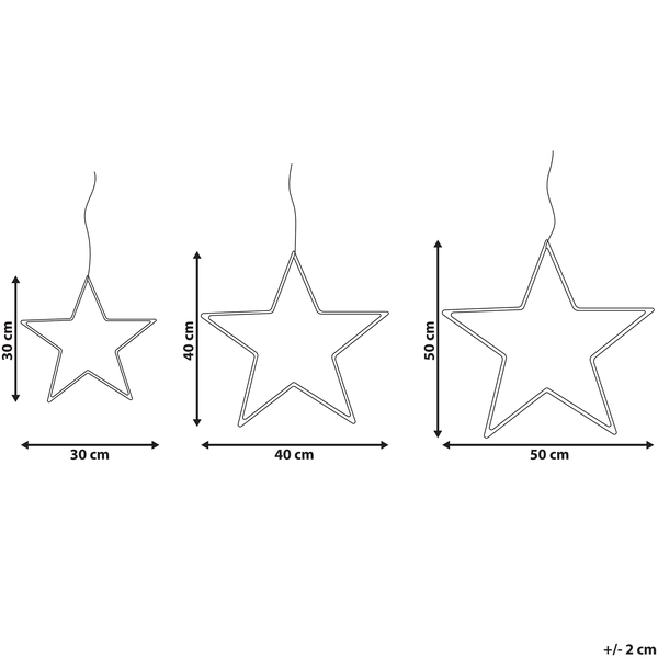 Abmessungen von drei LED Sternen für den Innenbereich.