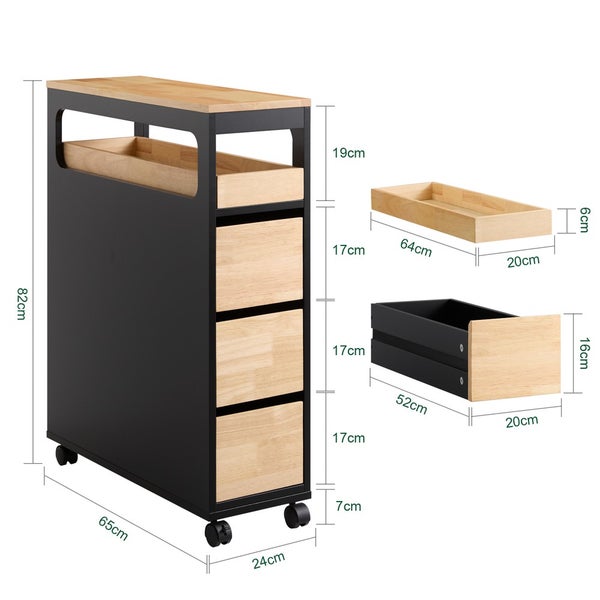 Rollwagen mit Schubladen und Ablagefächern aus Holz und Metall mit Maßangaben