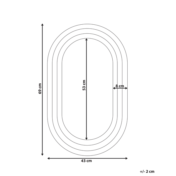 Abmessungen eines ovalen Spiegels, 69 mal 43 Zentimeter