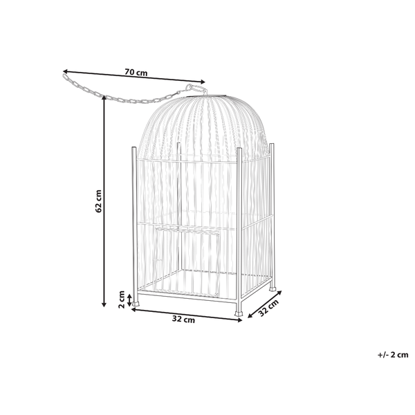 Maße einer Dekovogelvoliere mit einer Höhe von 62 cm, einer Breite von 32 cm und einer Kettenlänge von 70 cm.