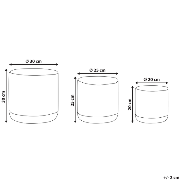 Abbildung von drei Hockern mit den Maßen 30 cm Höhe und 30 cm Durchmesser, 25 cm Höhe und 25 cm Durchmesser, sowie 20 cm Höhe und 20 cm Durchmesser