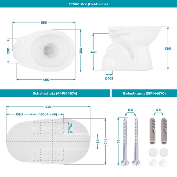 Calmwaters® Weißes Stand WC als Tiefspüler mit senkrechtem Abgang im Set mit Schallschutzmatte und Befestigung, 99000216