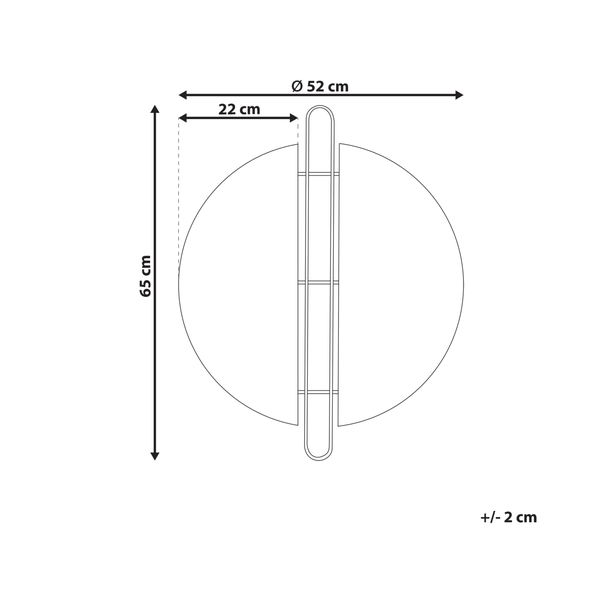 Technische Zeichnung eines Wandspiegels mit den Maßen 65 cm Höhe und 52 cm Durchmesser.