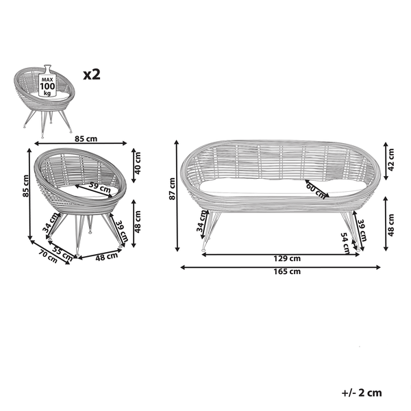Abmessungen Gartenmöbelset mit Sofa und zwei Sesseln