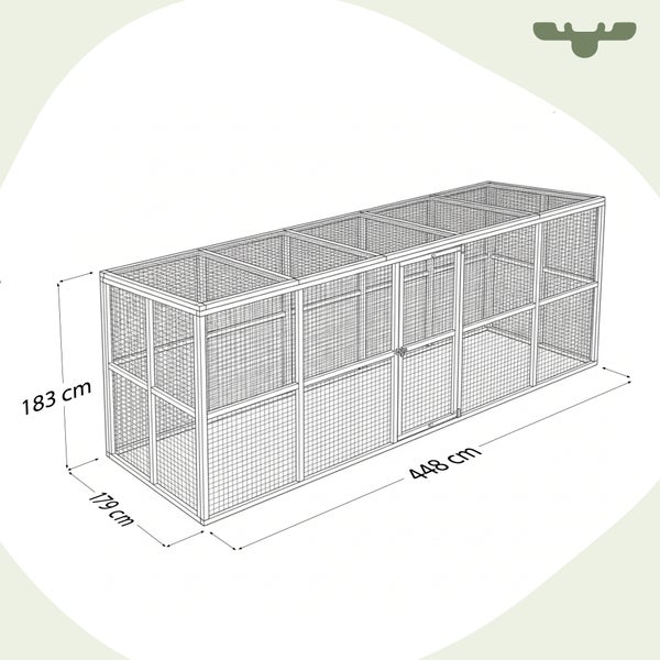 Draufsicht eines Tiergeheges mit einer Höhe von 183 cm, einer Breite von 179 cm und einer Länge von 448 cm.