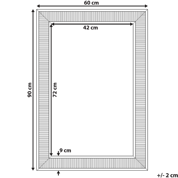 Maße eines rechteckigen Spiegels: 60 cm breit, 90 cm hoch, Rahmendicke 9 cm