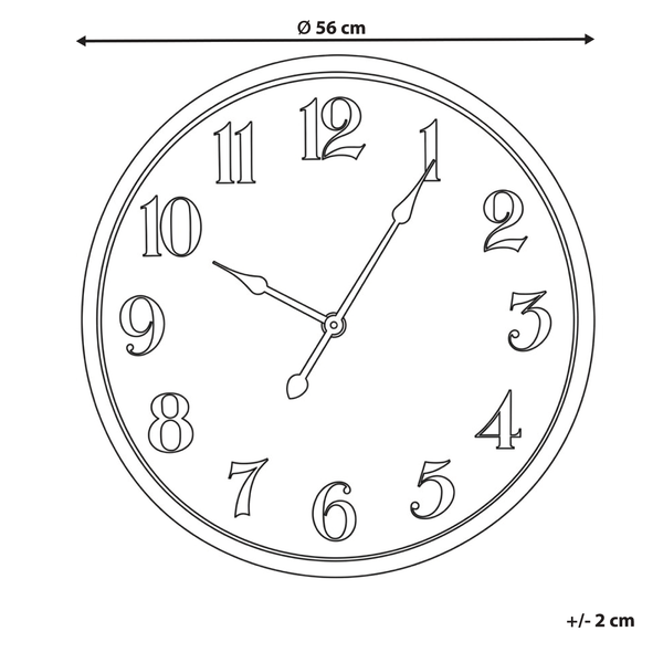 Wanduhr mit einem Durchmesser von 56 Zentimeter und einer Toleranz von plus minus 2 Zentimeter.