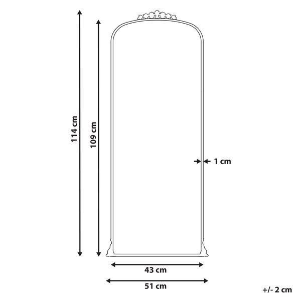 Maße eines Wandspiegels: 114 cm hoch, 51 cm breit, 1 cm tief